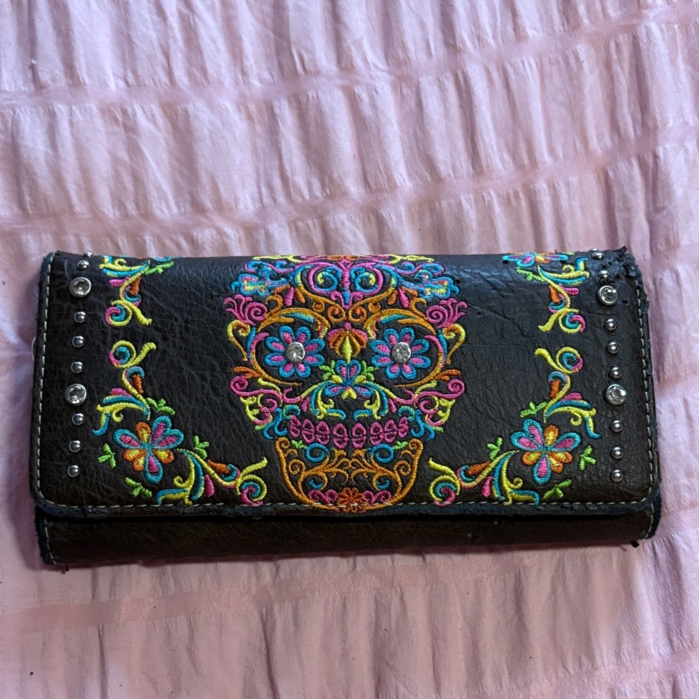 Montana West Deep Brown Wallet with Multicolor Embroidered Sugar Skull
